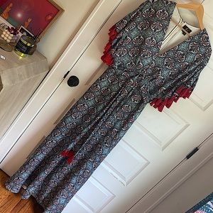 Multi-colored printed maxi dress with tassel sleeves